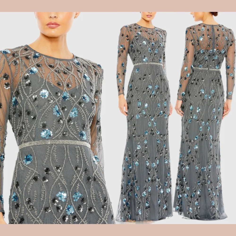 NWT Mac Duggal [ 4 ] 93772 Floral Embellished Long Sleeve Gown in Charcoal S1855